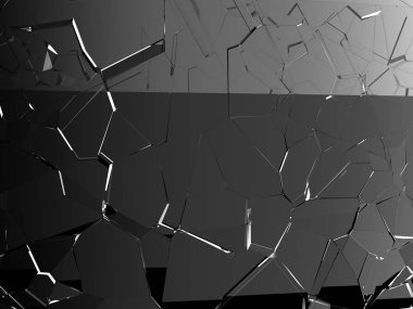 Paramparça veya beyaz, kırık cam parçaları 3d çizim; 3D render