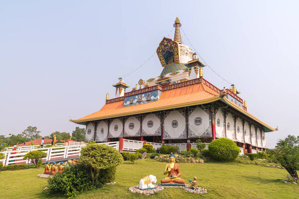 The Great Drigung Kagyud Lotus Stupa in Lumbini. Buddhism in Nepal. Summer 2018