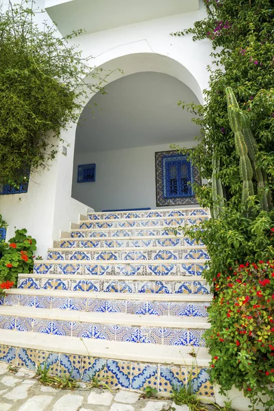 Éves Háztáji Lépcsőn Andalúz Stílusban Sidi Bou Said Tunézia — Stock Fotó