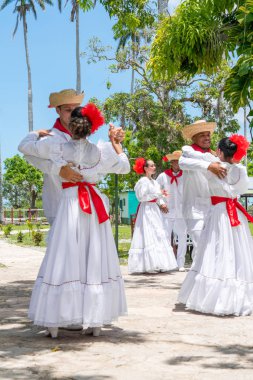 Oğlu jarocho la bamba halk dansları dans dansçılar. Küba, bahar 2018
