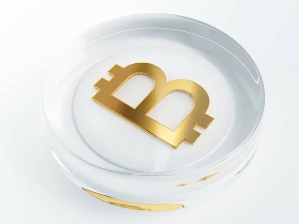 Bitcoin Criptomoneda Símbolo Oro Cubierto Con Vidrio Transparente Plástico Render — Foto de Stock