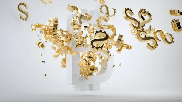 Bitcoin Abwertungssymbol Und Zertrümmerte Goldene Dollar Währungssymbole Renderer Illustration — Stockfoto