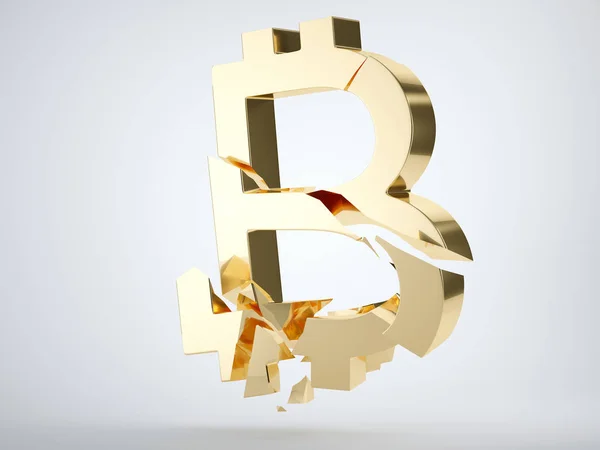 Gouden Bitcoin Symbool Verbrijzeld Gebroken Een Grijze Achtergrond Render Animatie — Stockfoto