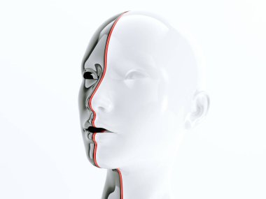 Siyah ve beyaz insan kafası denge ve çeşitlilik sembolü olarak kırmızı çizgiyle ayrılmış. 3D render, illustraion