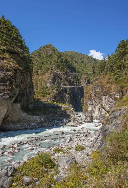 Ponte Suspensa Caminho Namche Bazar Himalaia Caminhada Acampamento Base Everest — Fotografia de Stock