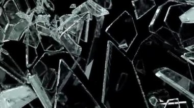 Paramparça ve ağır çekimde kırık cam. Alfa mat. 3D render. 3D animasyon