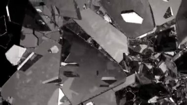 Paramparça ve ağır çekimde kırık cam. Alfa mat. 3D render. 3D animasyon
