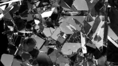 Paramparça ve ağır çekimde kırık cam. Alfa mat. 3D render. 3D animasyon