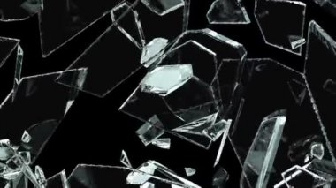 Paramparça ve ağır çekimde kırık cam. Alfa mat. 3D render. 3D animasyon