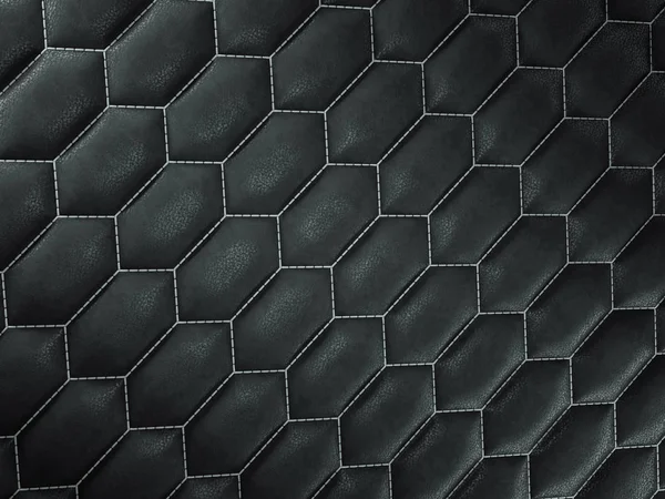 Cuero cosido hexágono o honecomb negro brillante textura — Foto de Stock