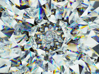 Elmas yapısı son derece yakın çekim ve kaleydoskop. Yuvarlak değerli taşın en üst görünümü 3D çizim, 3d illüstrasyon