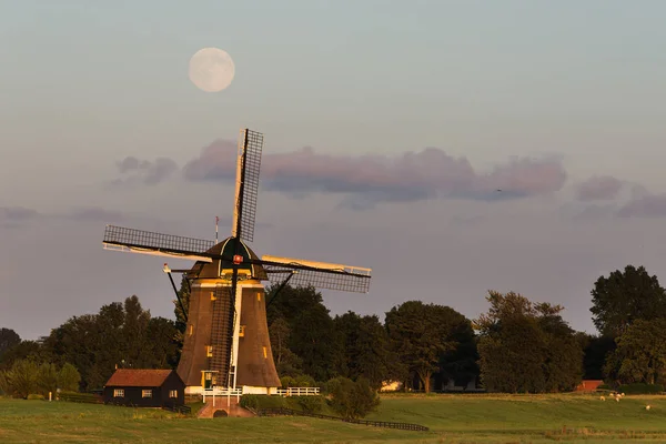 Úplněk Větrný Mlýn Venkově Leidschendam Nizozemsku — Stock fotografie