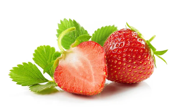 Fresh Red Strawberries Green Leaves Isolated White Background — Stock Photo, Image