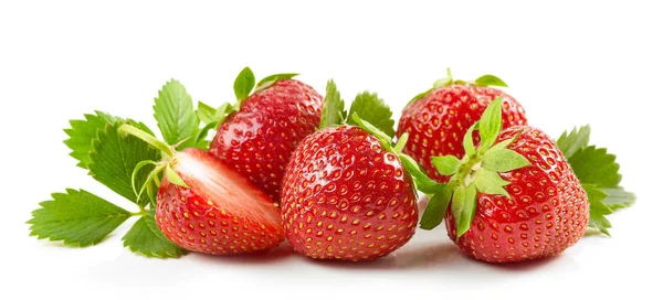 Fresh Red Strawberries Green Leaves Isolated White Background — Stock Photo, Image