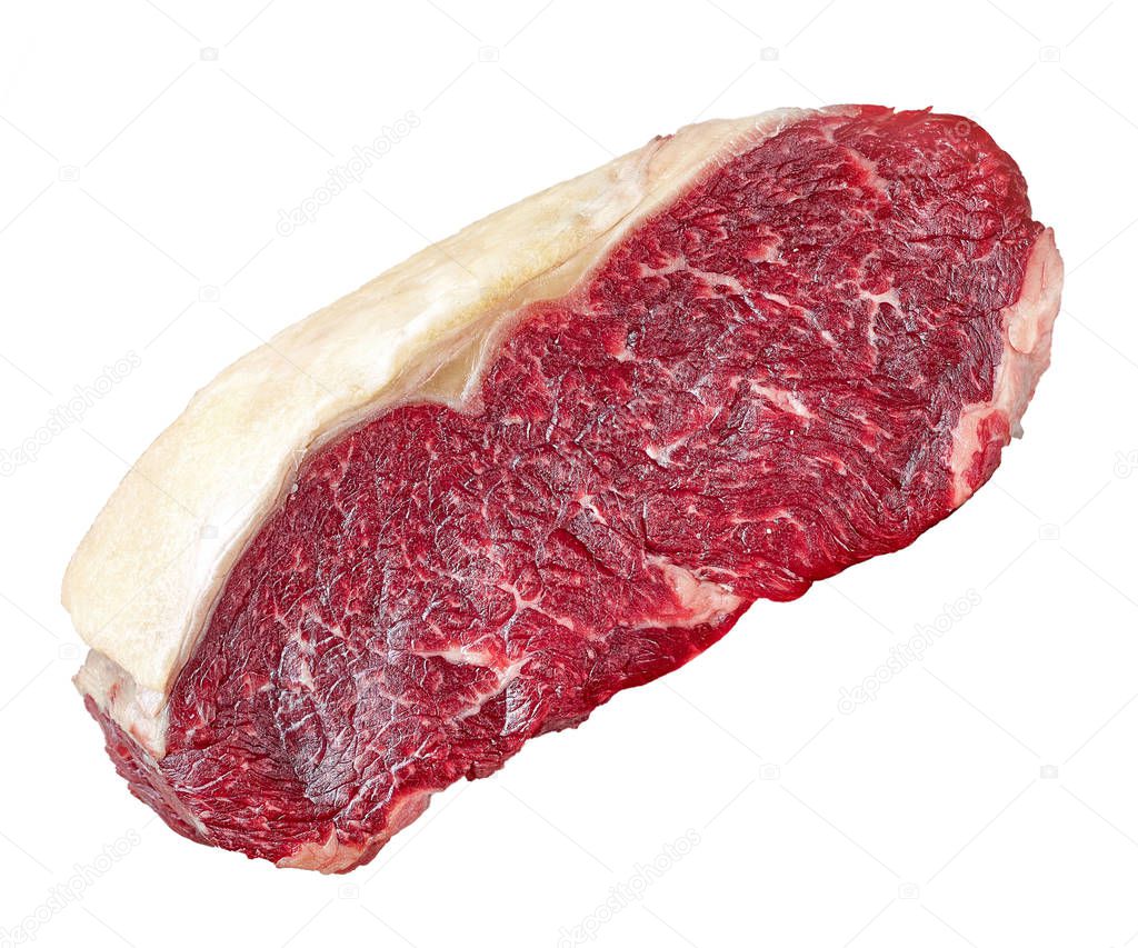 raw dry aged strip loin steak isolated on white background, top view