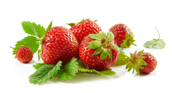Fresh Red Strawberries Green Leaves Isolated White Background — Stock Photo, Image