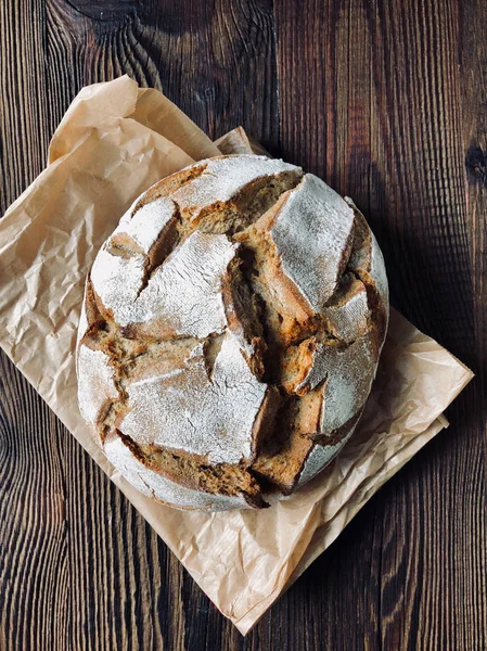 Freshly Baked Bread Rustic Wooden Table Top View Filtered Image — Stock Photo, Image