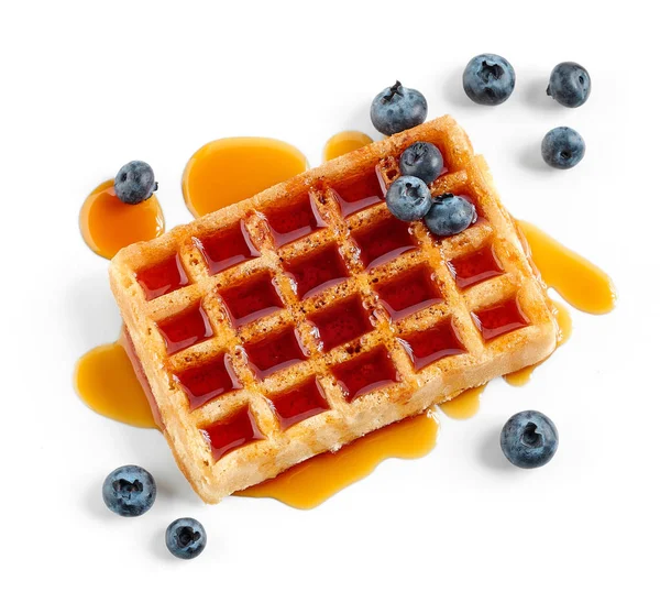 Waffle Caramel Syrup Blueberries Isolated White Background Top View — Stock Photo, Image