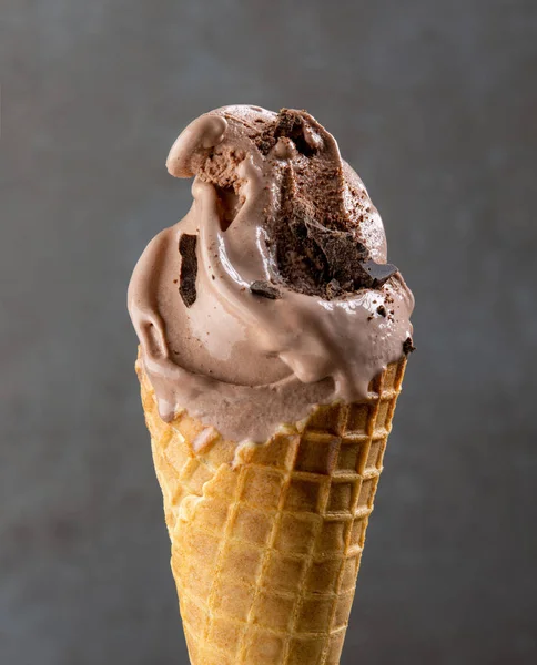 Chocolate Ice Cream Waffle Cone Dark Grey Background — Stock Photo, Image