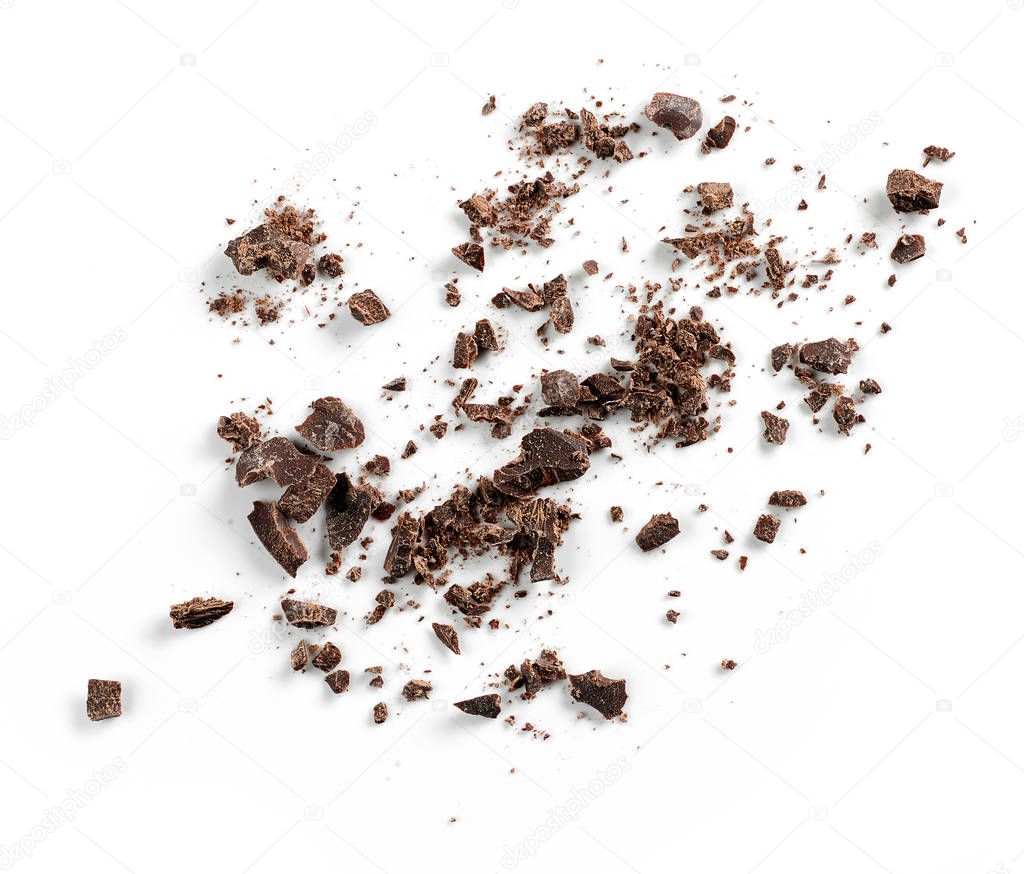 small chocolate crumbs isolated on white background, top view