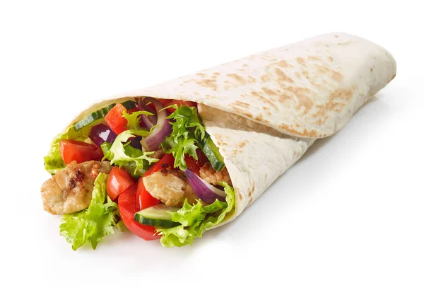 Tortilla Wrap Con Carne Pollo Fritta Verdure Isolate Sfondo Bianco — Foto Stock