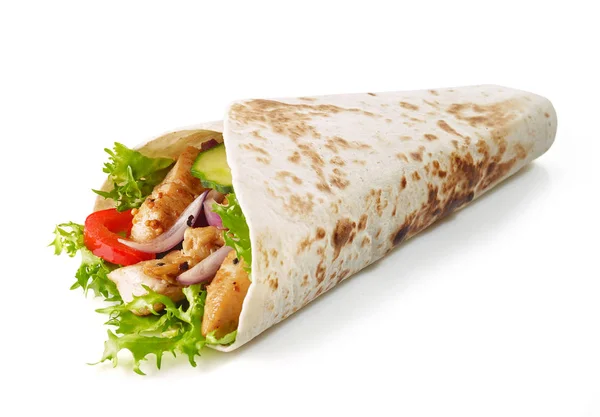 Tortilla wrap with fried chicken meat and vegetables — Stock Photo, Image