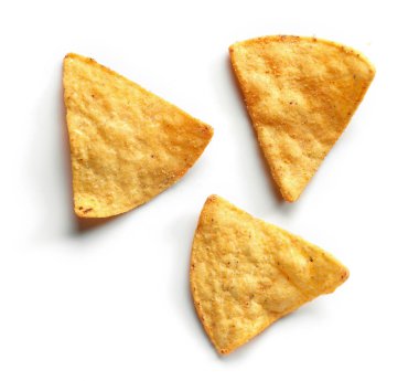 Beyaz arka plan üzerinde üstten görünüm izole cips Mısır chips
