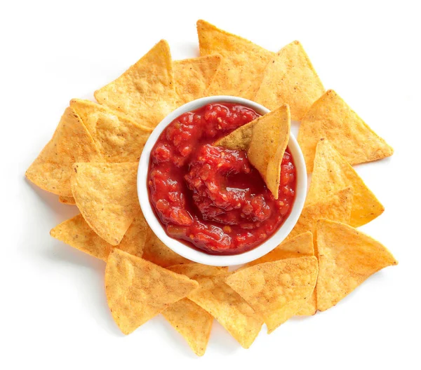 Mais Chips Nachos Und Salsa Sauce Isoliert Auf Weißem Hintergrund — Stockfoto