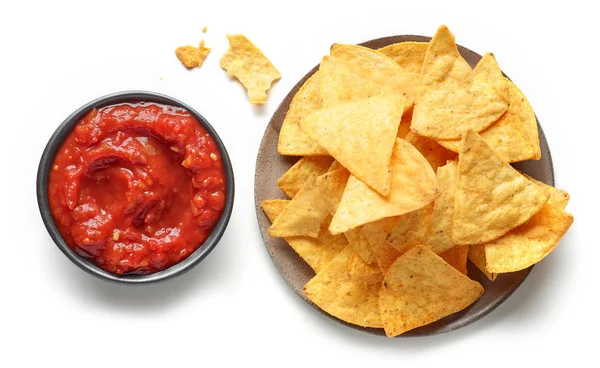 Mais Chips Nachos Und Salsa Sauce Isoliert Auf Weißem Hintergrund — Stockfoto