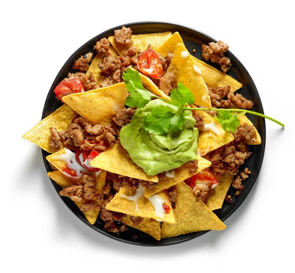 Plate Corn Chips Nachos Fried Minced Meat Guacamole Isolated White — Stock Photo, Image