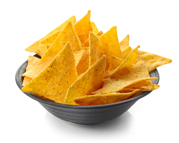 Skål Med Majs Chips Nachos Isolerad Vit Bakgrund — Stockfoto