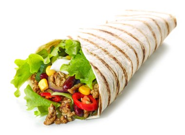 Tortilla film kızarmış kıyılmış et ve sebze ile