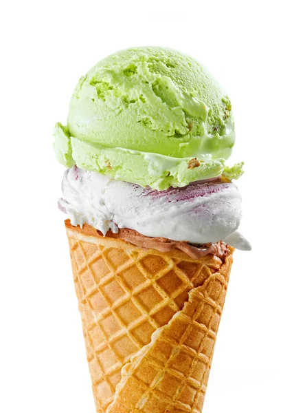 Ice cream balls in waffle cone — Stock Photo, Image