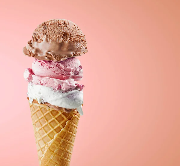 Various ice cream balls in waffle cone — Stock Photo, Image