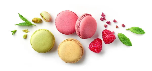 Composition Various Macaroons Isolated White Background Top View — Stock Photo, Image