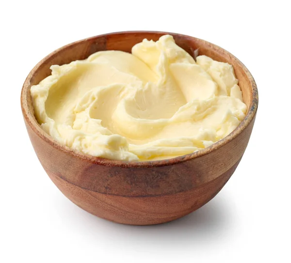 Tigela Madeira Manteiga Fresca Isolada Fundo Branco — Fotografia de Stock