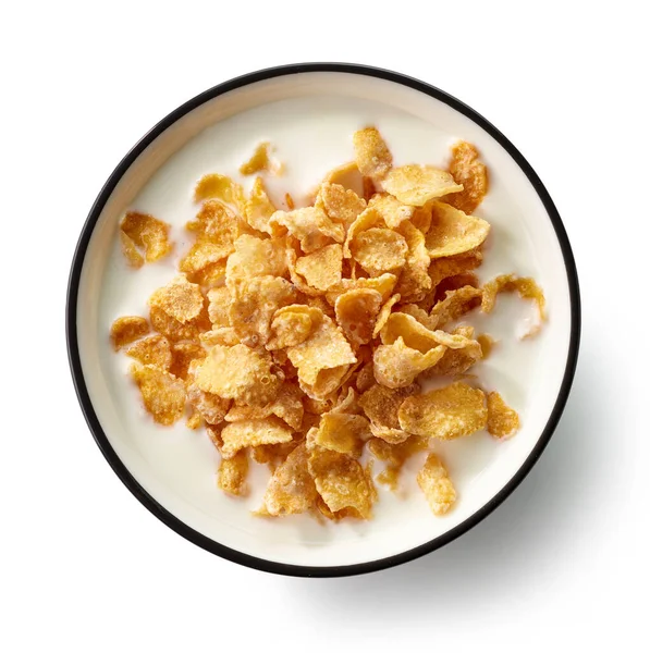Skål Med Söta Cornflakes Med Mjölk Isolerad Vit Bakgrund Ovanifrån — Stockfoto