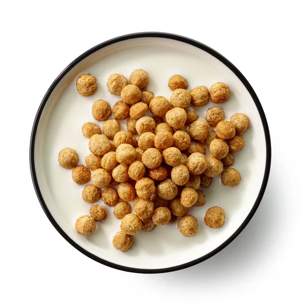 Kom Van Ontbijt Ballen Met Melk Geïsoleerd Witte Achtergrond Bovenaanzicht — Stockfoto