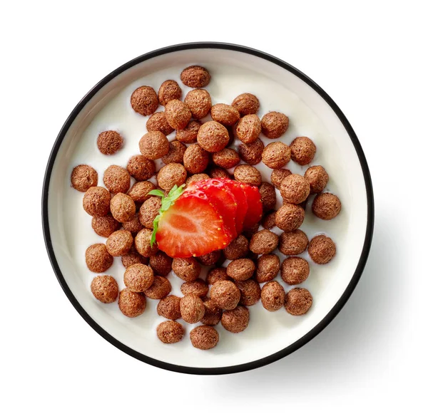 Bowl Chocolate Breakfast Balls Milk Strawberries Isolated White Background Top — Stock Photo, Image