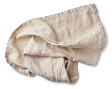 Beyaz arka planda izole edilmiş doğal gri keten peçete, üst görünüm