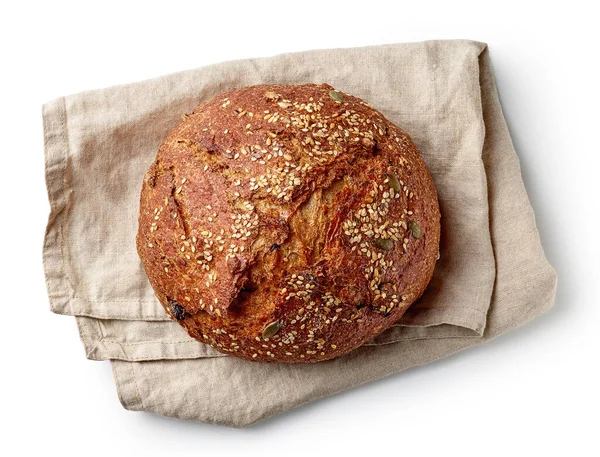 Freshly Baked Artisan Bread Linen Napkin Isolated White Background Top — Stock Photo, Image