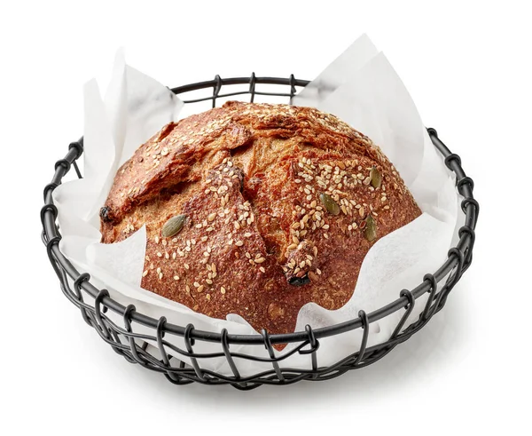 Frisch Gebackenes Brot Metallkorb Isoliert Auf Weißem Hintergrund — Stockfoto