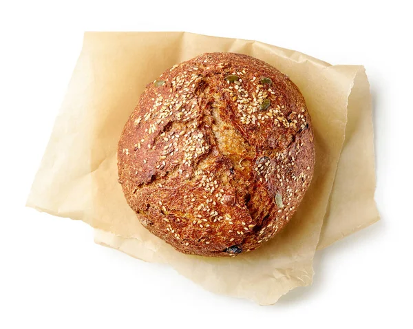 Pane Appena Sfornato Carta Forno Isolato Sfondo Bianco Vista Dall — Foto Stock