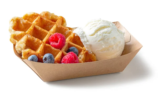 Belgian Waffle Fresh Berries Vanilla Ice Cream Paper Take Away — Stock Photo, Image