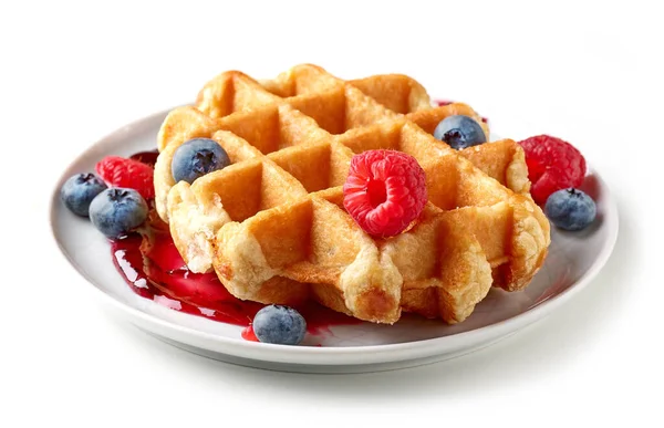 Belgian Waffle Fresh Berries Plate Isolated White Background — Stock Photo, Image