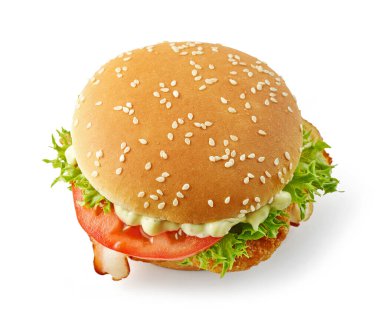 Beyaz arka planda izole edilmiş taze lezzetli burger, üst manzara.