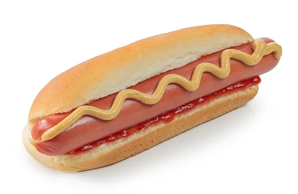 Hot Dog Mustárral Ketchup Elszigetelt Fehér Alapon — Stock Fotó