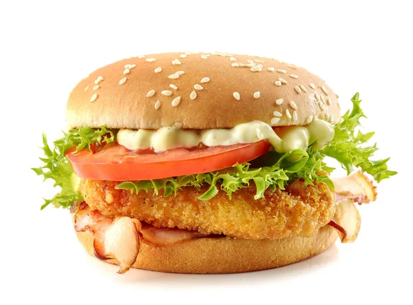 Friss Ízletes Csirke Burger Elszigetelt Fehér Háttér — Stock Fotó