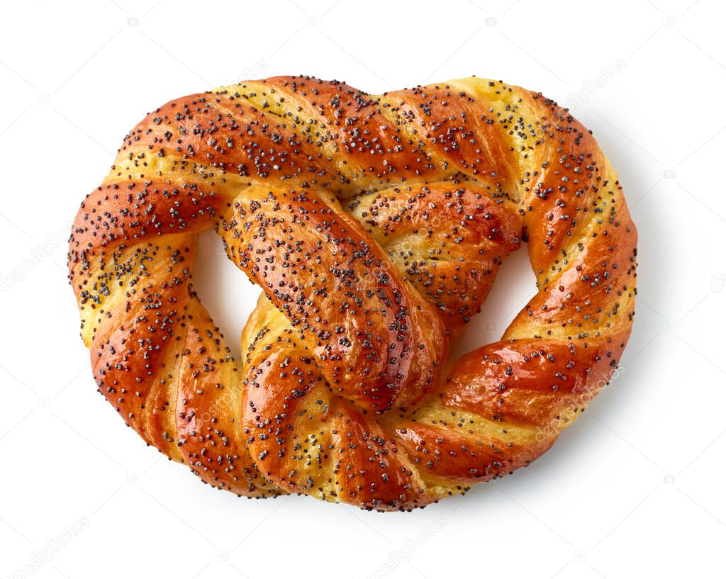 freshly baked sweet pretzel with poppy seeds isolated on white background, top view