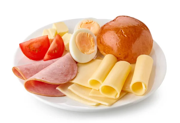 Breakfast Plate Cheese Ham Sausage Isolated White Background — Stock Photo, Image